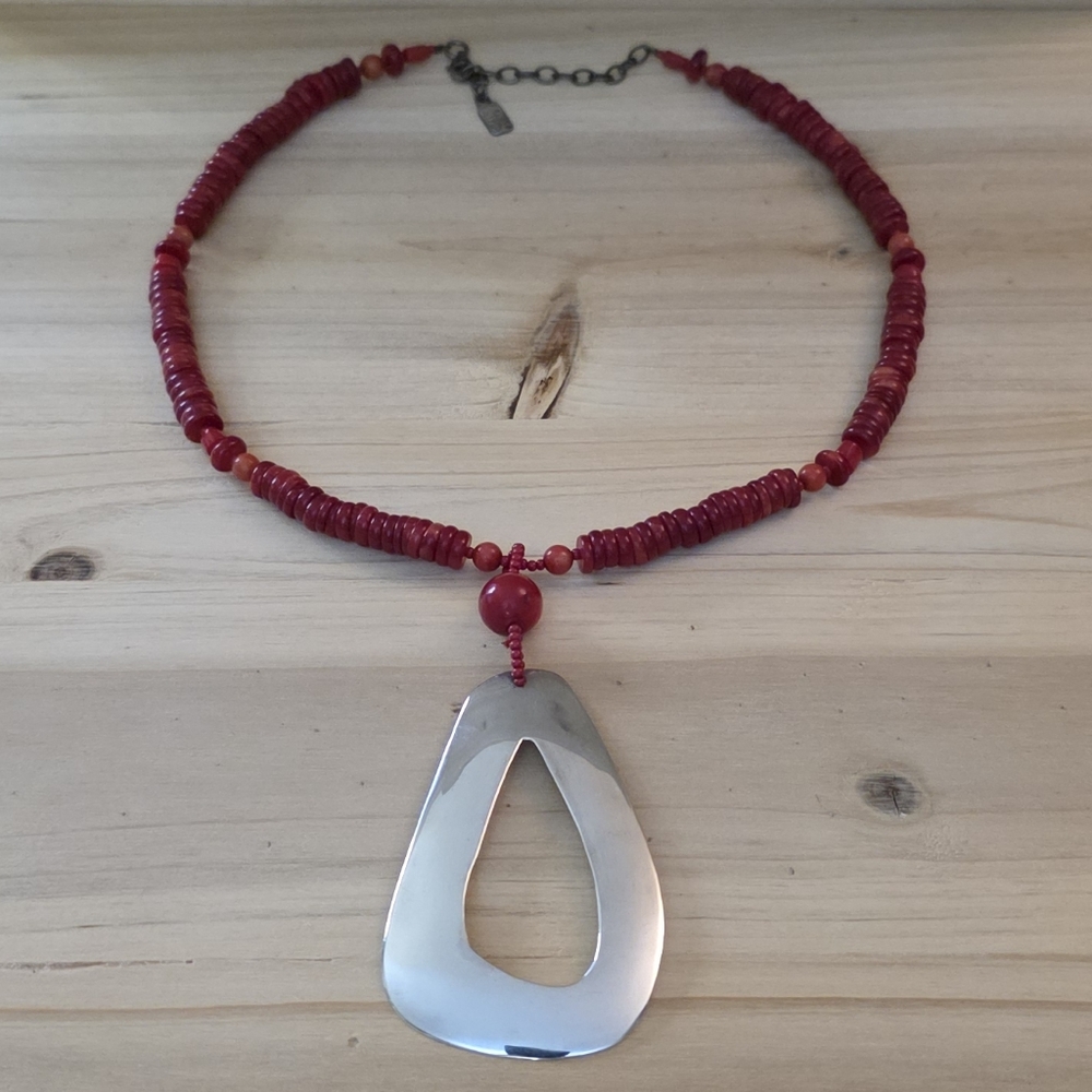 Peyote Bird Coral Necklace with Abstract Sterling Pendant